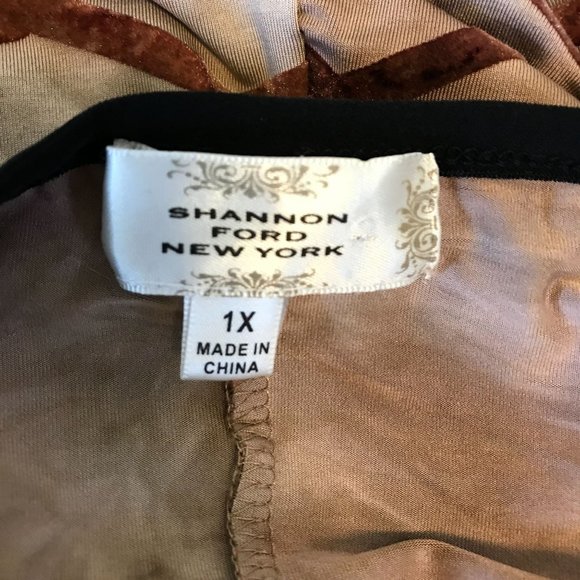 Shannon Ford New York Womens Brown Tan Geo Zig Zag Print V Neck Peplum Blouse 1X - Picture 10 of 12